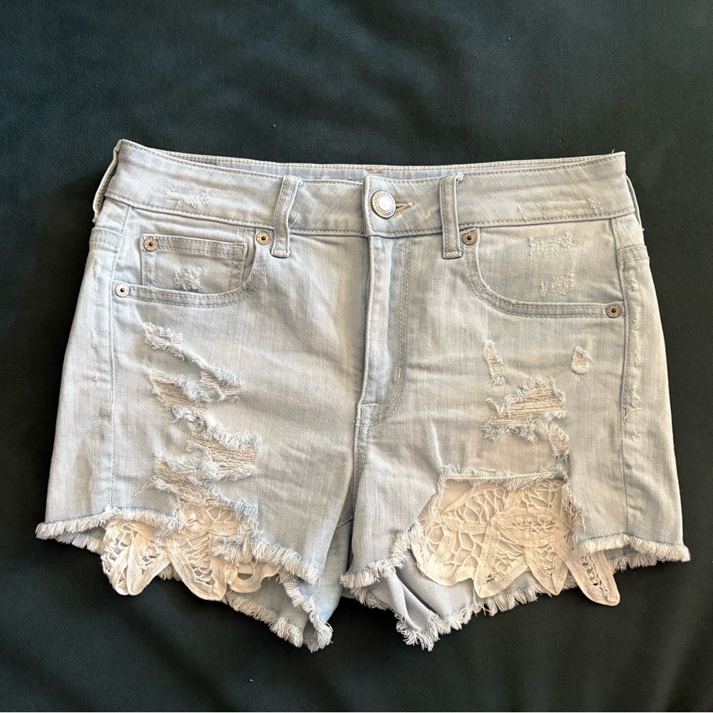 American Eagle Super Stretch, High Rise Shortie Light Wash Denim Shorts